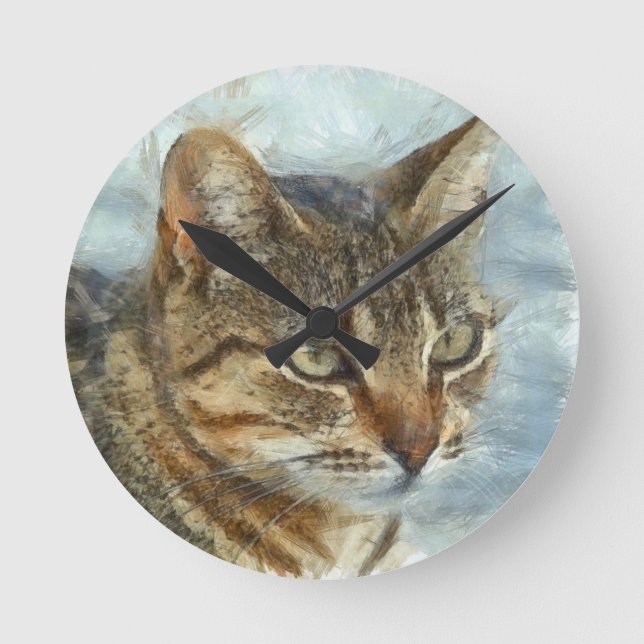 Stunning Tabby Cat Close Up Graphite Pencil Portra Round Clock (Front)