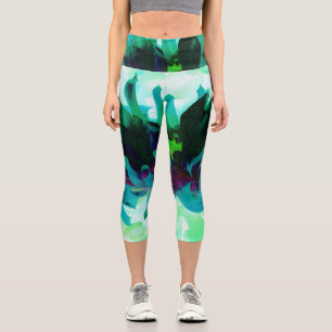 Stunning Teal and Black Cactus Dahlia Capri Leggings