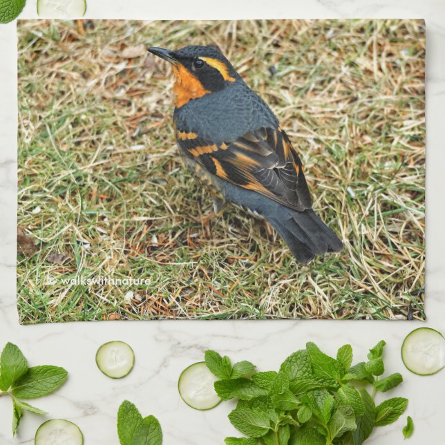 Stunning Varied Thrush Songbird in the Grass Tea Towel (Folded)