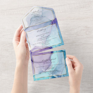 Stunning Violet Aqua Abstract Ink All In One Invitation