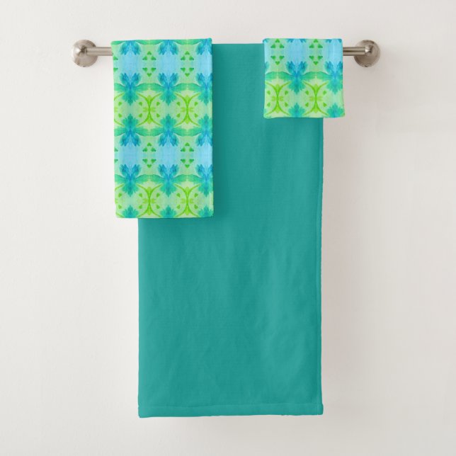 Stunning Watercolor Floral Towel Set In Teal Blues (Insitu)