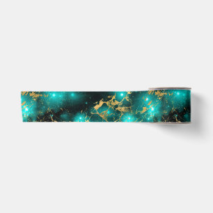 Stunning Watercolor Green & Gold Marble Galaxy Satin Ribbon