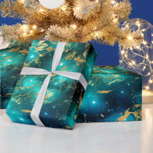 Stunning Watercolor Green & Gold Marble Galaxy Wrapping Paper