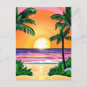 Stunning Watercolor Palm Trees Sunset Postcard
