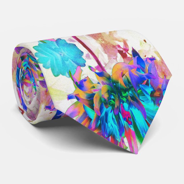 Stunning Watercolor Rainbow Cactus Dahlia Tie (Rolled)