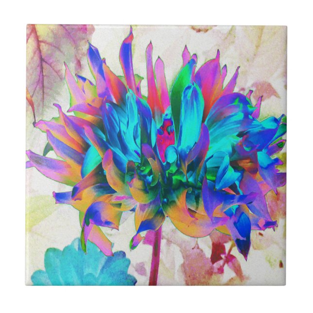 Stunning Watercolor Rainbow Cactus Dahlia Tile (Front)