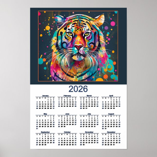 Stunning Watercolor Tiger 2026 Calendar  Poster (Front)