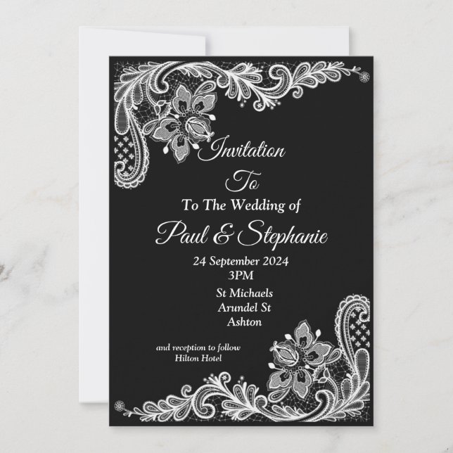Stunning Wedding Invitation, black and white lacey Invitation (Front)