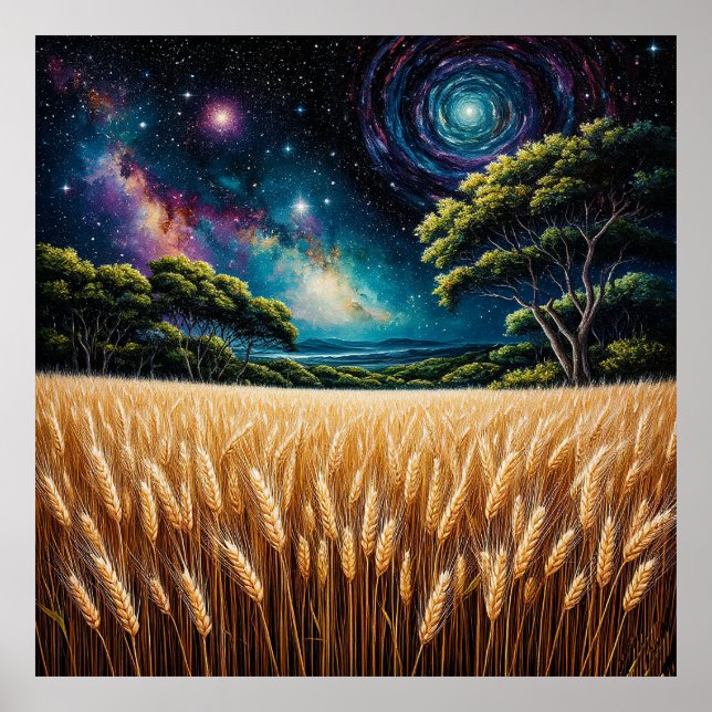 Stunning Wheat Field Under Vibrant Night Sky Poster (Front)