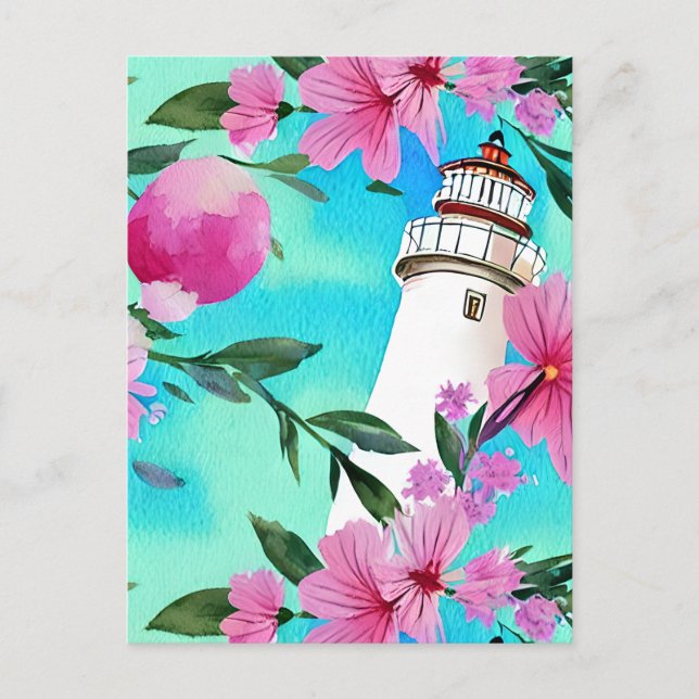 Stunning White Lighthouse Floral Postcard (Front)