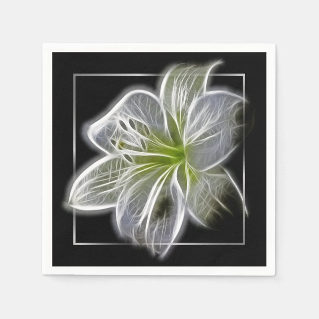 Stunning White Lily Fractal Art Black Napkin (Front)