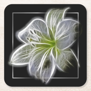 Stunning White Lily Fractal Art Black Square Paper Coaster