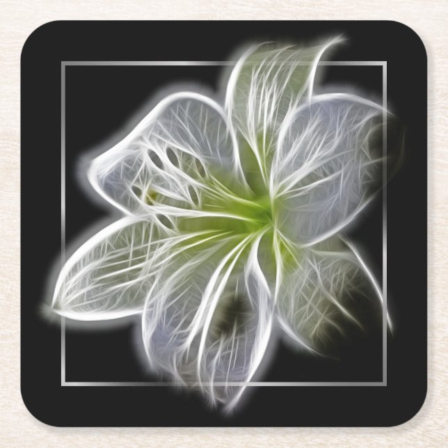 Stunning White Lily Fractal Art Black Square Paper Coaster (Front)