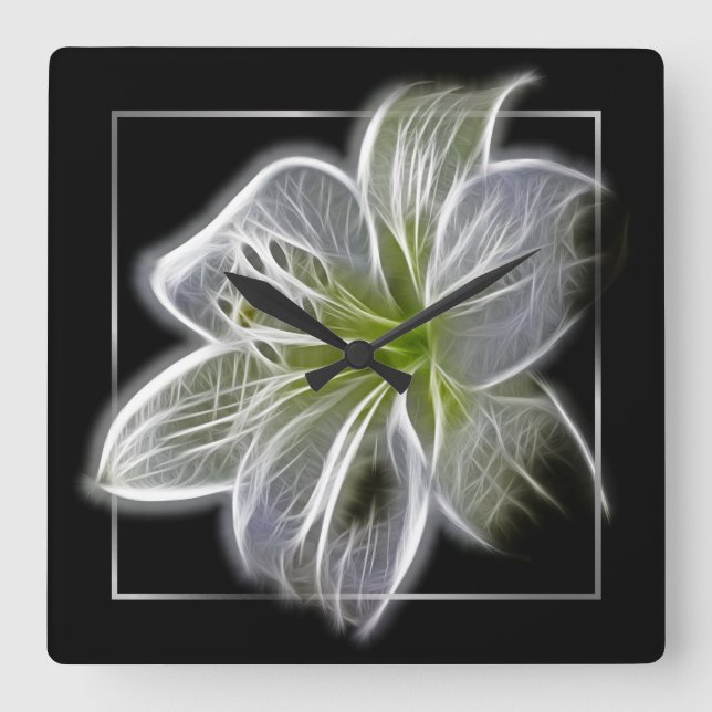 Stunning White Lily Fractal Art Black Square Wall Clock (Front)