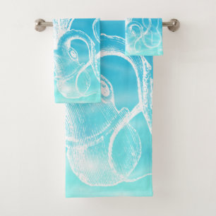 Stunning White Octopus Illustration Ocean Water Bath Towel Set