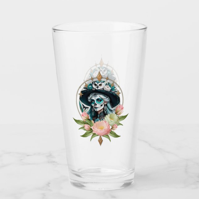 Stunning woman  with a stunning sugar skull makeup glass (Front)