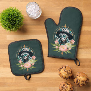 Stunning woman with a stunning sugar skull makeup oven mitt & pot holder set