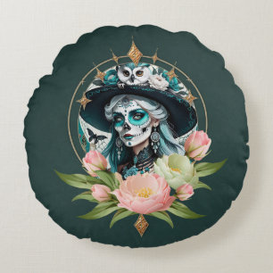 Stunning woman with a stunning sugar skull makeup round cushion