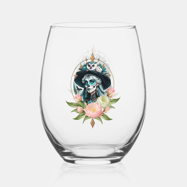 Stunning woman  with a stunning sugar skull makeup stemless wine glass (Front)