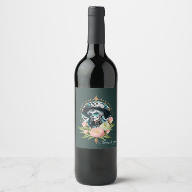 Stunning woman  with a stunning sugar skull makeup wine label (Front)
