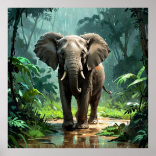 Stunning Young Elephant under Rain in Jungle Poster