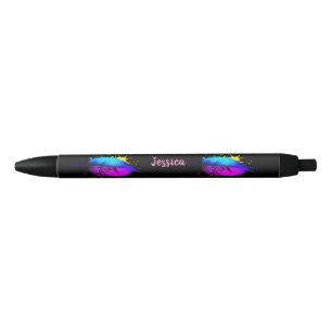 Stunningly colourful feathers and editable name black ink pen
