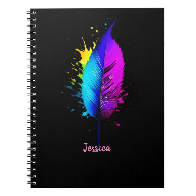 Stunningly colourful feathers and editable name notebook (Front)