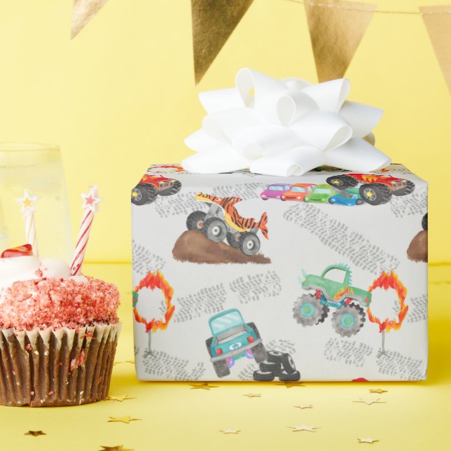 Stunt Cars Monster Truck Birthday Bash Watercolor Wrapping Paper (Birthday Party)