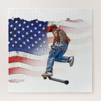 Stunt Scooter Rider and US Flag  Jigsaw Puzzle