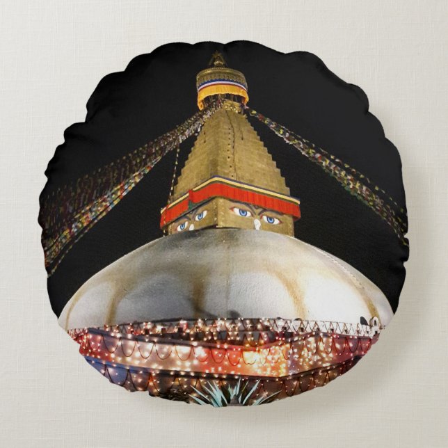 Stupa Boudhanath, Kathmandu at night - Nepal Round Cushion (Front)