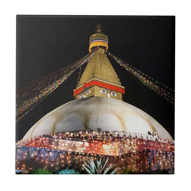 Stupa Boudhanath, Kathmandu at night - Nepal Tile (Front)