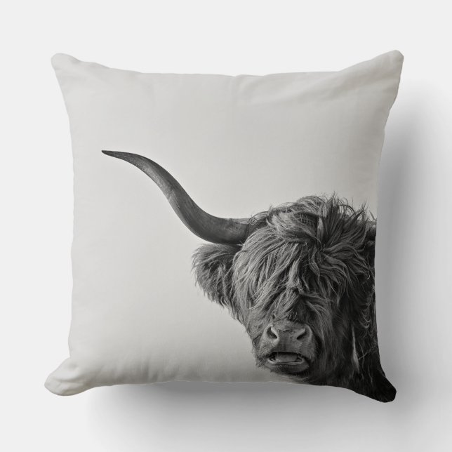 Sturdy highland cow in monochrome cushion (Front)