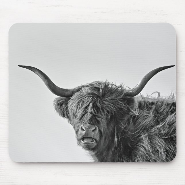 Sturdy highland cow in monochrome mouse mat (Front)