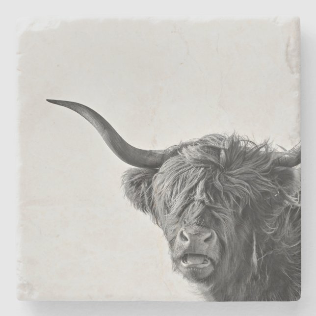 Sturdy highland cow in monochrome stone coaster (Front)