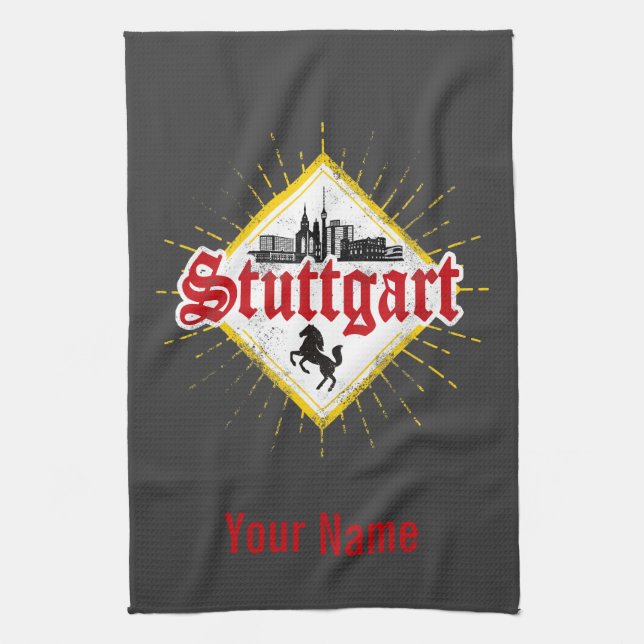 Stuttgart City Germany Retro Skyline Vintage Tea Towel (Vertical)