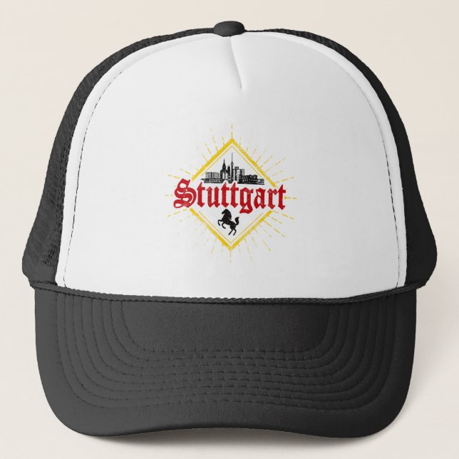 Stuttgart City Germany Retro Skyline Vintage Trucker Hat (Front)