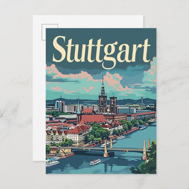 Stuttgart Germany Vintage Travel Illustration Postcard (Front/Back)