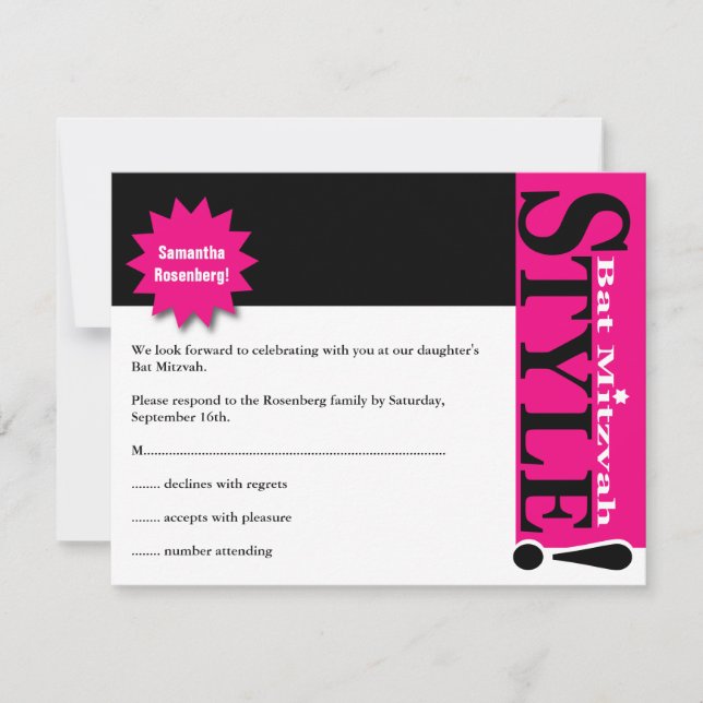 Style! Bat Mitzvah Magazine RSVP Reply Card Pink (Front)