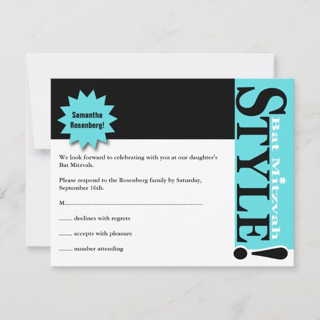 Style! Bat Mitzvah Magazine RSVP Reply Card Teal (Front)