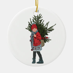 Style Christmas Girl Ornament. Ceramic Circle Tree Decoration