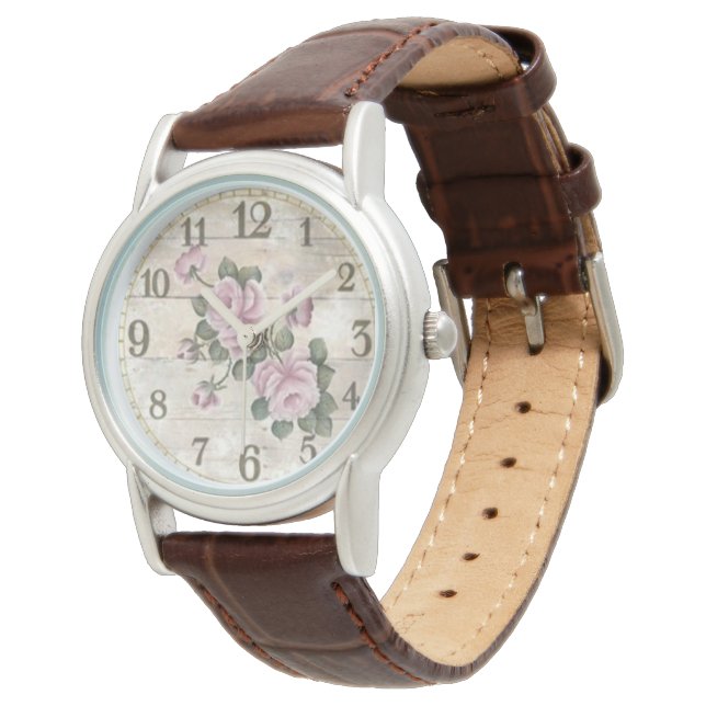 Style: Women's Brown Leather Strap Watch/Flowers Watch (Angled)