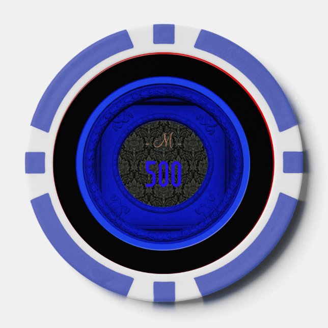 Styled Frame Damask 500 Monogram Blue Poker Chips (Front)
