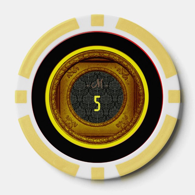 Styled Frame Damask 5 Monogram Yellow Poker Chips (Front)