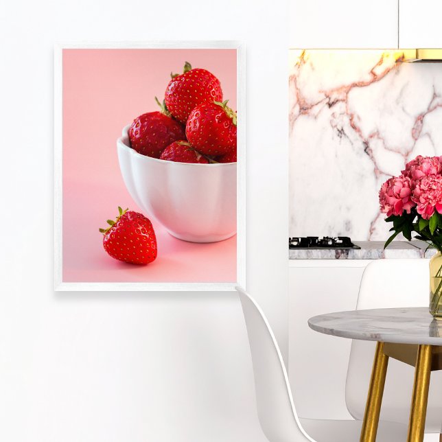 Styled Photo Of Fresh Red Strawberries On Pink Poster (Please note: This image is a digital mockup. The product may not be in scale.)