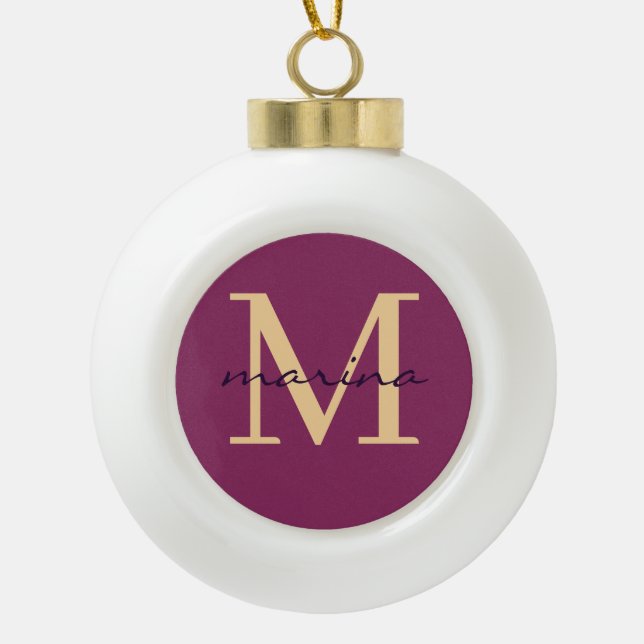 Stylis and personalised monogrammed ceramic ball christmas ornament (Front)