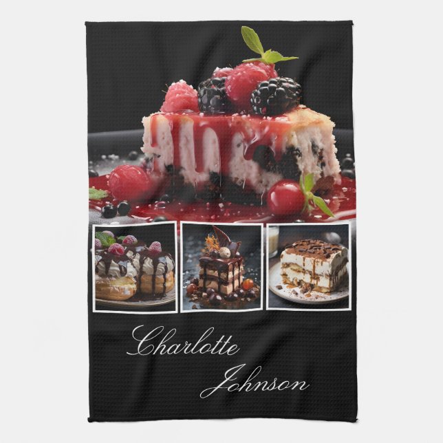 Stylis Black & White 4 Photo Desserts Personalised Tea Towel (Vertical)