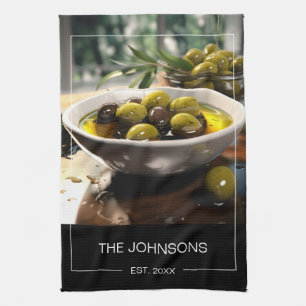 Stylis Black White Photo & Family Name Monogram  Tea Towel