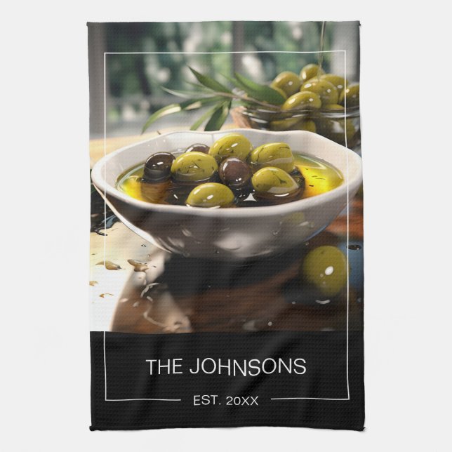 Stylis Black White Photo & Family Name Monogram  Tea Towel (Vertical)