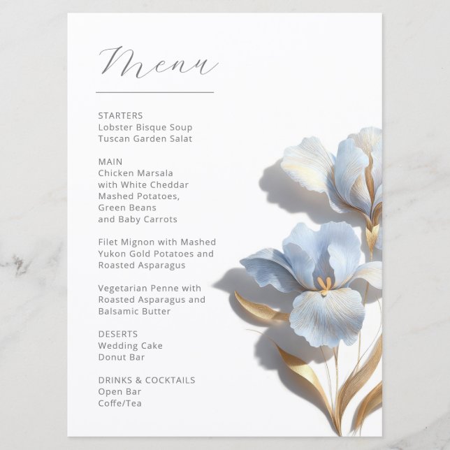 Stylised 3D Lily Flowers Blue Gold Menu (Front)