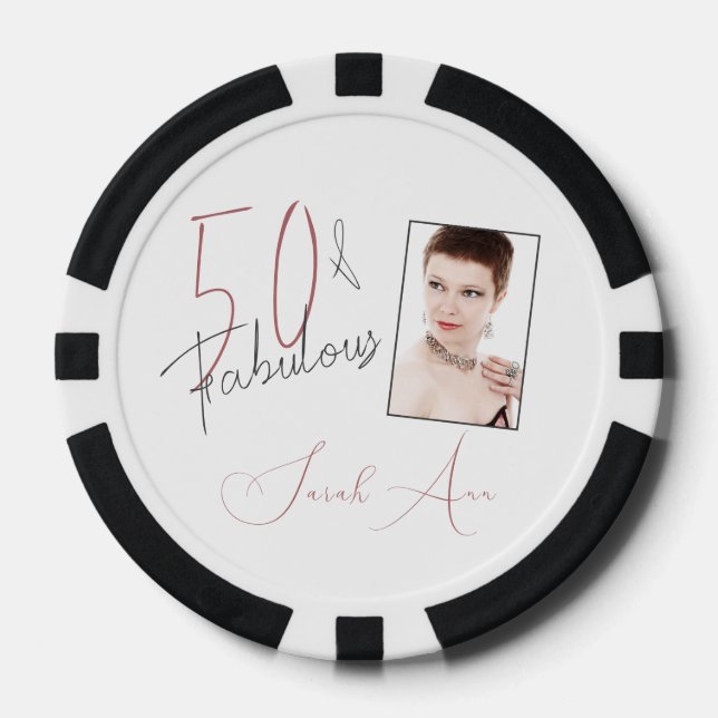 Stylised 50 & Fabulous Pink & Black Photo Birthday Poker Chips (Front)